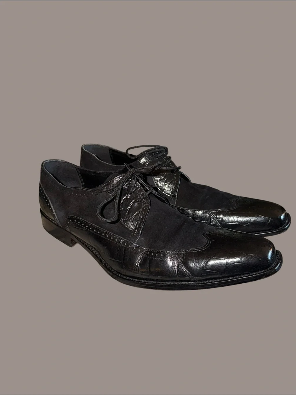 VTG Giorgio Brutini Black Croc Embossed Suede Wingtip Oxfords Men's 13 Y2K
